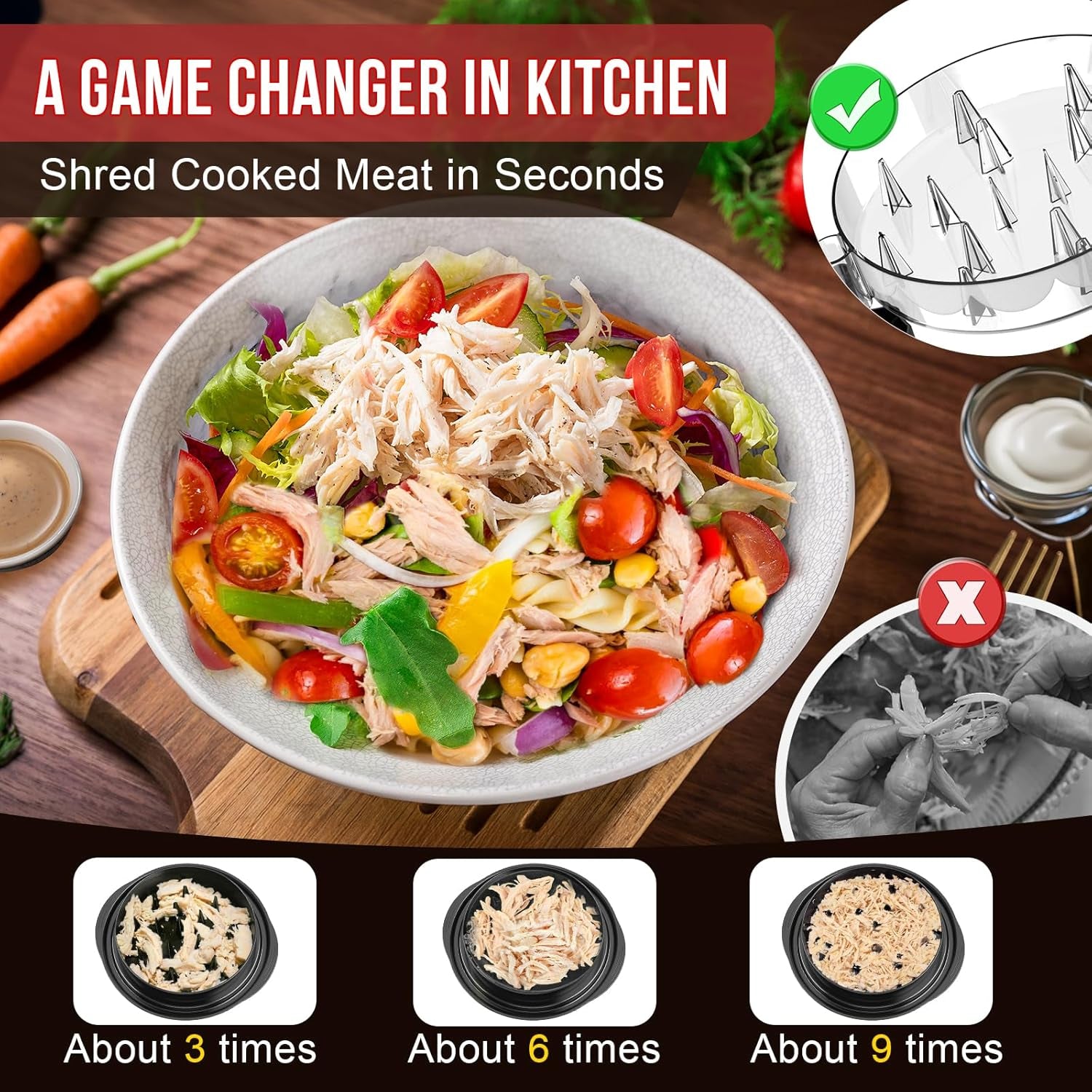 Chicken Shredder 8 Inches, Chicken Shredder Tool Twist for Pork Beef Chicken, Meat Shredder, Clear Lid, Ergonomic Handle, Strong Anti-Slip, BPA Free, Easy to Clean, Dishwasher Safe (Black)